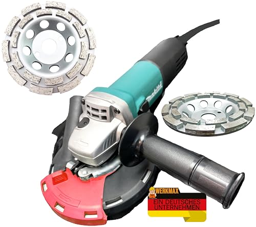 Werkmax Betonschleifer mit Absaugung. Sanierungsfräse 125 Set mit Makita Winkelschleifer, WM Absaughaube, 2x Premium Diamantschleiftopf