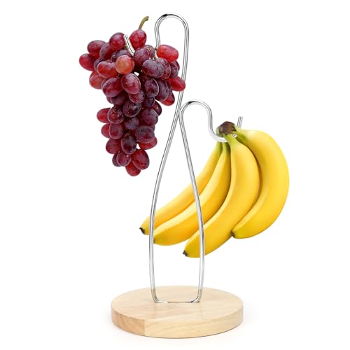 FYY Bananenhalter mit moderner Bananenhalter Stand Baum mit Holzbasis für Metall Dual-Haken, abnehmbarer Bananenhalter für Küchenarbeitsplatte, um Bananen frisch zu halten