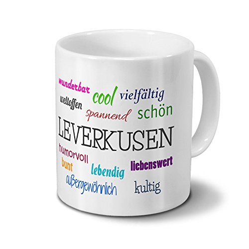 Städtetasse Leverkusen - Motiv 'Positive Eigenschaften' - Stadt-Tasse, Kaffeebecher, Mug, Becher, Kaffeetasse - Farbe Weiß