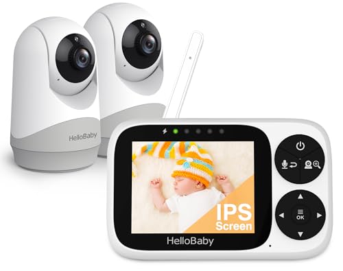 HelloBaby Babyphone mit 2 Kameras, 3,2 Zoll IPS Bildschirm Baby Kamera kein WLAN, Nachtsicht, VOX-Modus, Schwenken, Neigen Zoomen Temperaturüberwachung, 2-Wege-Audio, Schlaflied