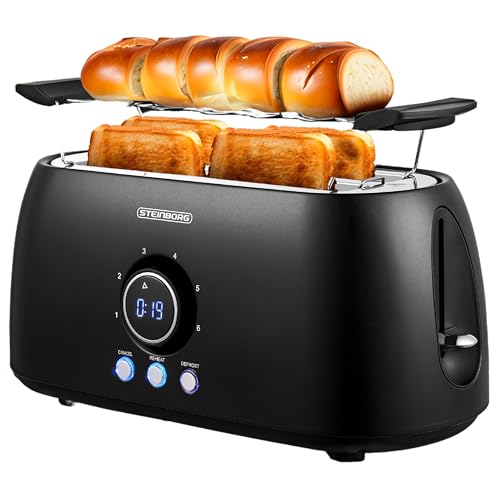 XXL Toaster 4 Scheiben mit Brötchenaufsatz | Toaster Schwarz | Digitales Display | Toastautomat | Automatische Abschaltung | Langschlitztoaster