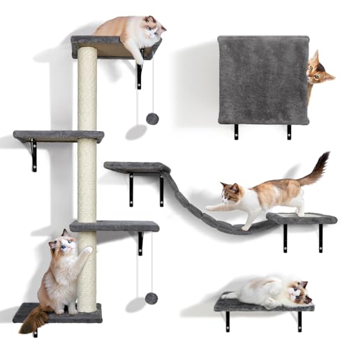Zvonema Kletterwand Katzen, Katzen wandelemente, Kletterwand Set 10-teilig, mit Hängebrücke mit Rutschfestem,Stabiler Kratzsäulen mit Sisal,Ruhe und Spielwandregal mit Spurenkugel, bis 10 kg