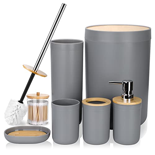 JOTOM 7 Stück Bambus Badezimmer Zubehör Badezimmer Zubehör Set Luxus Modern Bad Set Zahnbürstenhalter Becher Qtip Halter Toilettenbürste Set Seifenschale Mülleimer Seifenspender (Grau)