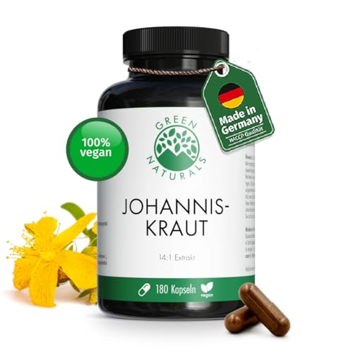 Johanniskraut Kapseln - Hochdosiert: 14:1 Extrakt (=5950mg reines Johanniskraut) - 2.55mg Hypericin - 180 Stück (3 Monate) - Apothekenqualität - Green Naturals®