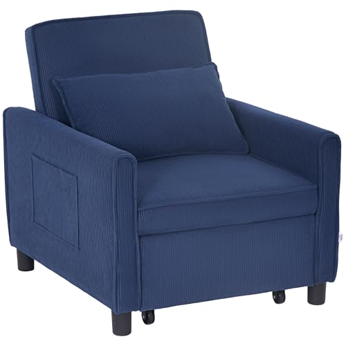 HOMCOM 3-in-1 Schlafsessel, Klappbett mit Bettfunktion, Lendenkissen, Klappbar Liegestuhl mit Verstellbarer Rückenlehne, Rollen, Seitentasche, für Wohnzimmer, Kord, Blau