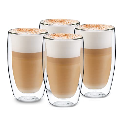 GLASWERK Design Latte Macchiato Gläser doppelwandig (4 x 450 ml) Cappuccino Tassen - doppelwandige Borosilikatgläser - Teegläser spülmaschinengeeignet Kaffeetassen Set