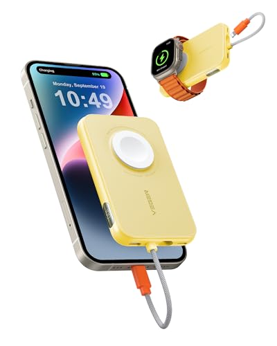 VEGER Mini Power Bank 20W PD, 5000mAh Powerbank mit Eingebautem Apple Kabel, mit Apple Watch Laden, 1x USB-C, Externer Handyakkus LED Display kompatibel mit iPhone, Apple Watch(9-1), Handys usw(Gelb)