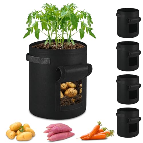 ECCOGREAT Pflanzsack aus Vlies Stof,5 Stück Pflanzkübel aus 260 g/m²mit Starken Griffen für Kartoffeln,Tomaten,Erdbeeren,Blumen,Pflanzen und Gemüse