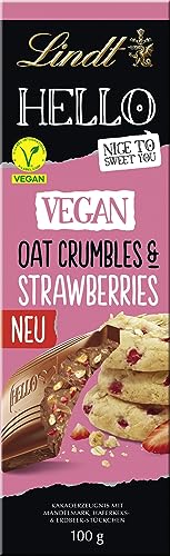Lindt Schokolade HELLO Vegan Oat Crumble & Strawberries | 100 g | Vegan mit Kakao, Mandelmark, Haferkeks und Erdbeerstückchen Haferkeks und Erdbeerstückchen | Schokoladentafel | Schokoladengeschenk