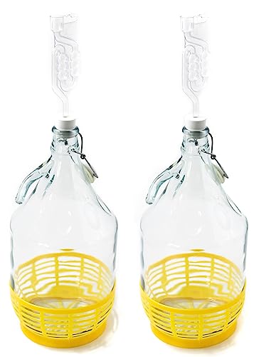 WYSKONT Glasflaschen mit Bügelverschluss - Glasballon - 5 Liter Flasche 2 STÜCK mit Gärröhrchen und Gärbehälter - Deko Flasche - Flasche mit Korken - Gärballon - Gärbehälter
