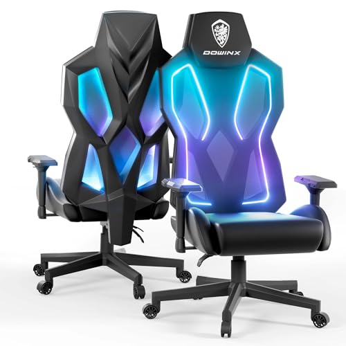 Dowinx LED Gaming Stuhl mit 4D-Armlehnen, RGB Ergonomischer Gamer Stuhl PU Leder, Video Gaming Sessel mit Verstellbarer Lendenwirbelstütze, Computerstuhl für Erwachsene