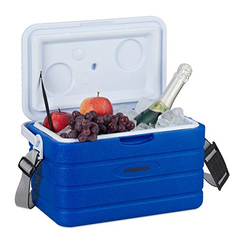 Relaxdays Kühlbox 10 l, Kühlkiste für unterwegs, Tragegurt & Griff, ohne Strom, Isolierbox HBT 22,5 x 37,5 x 23 cm, blau