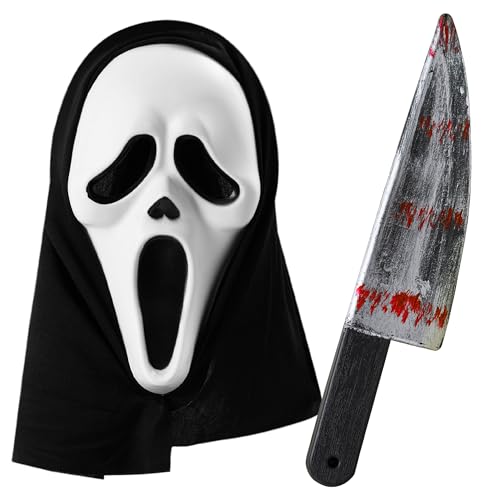 Halloween Horror Maske und Fake Messer im Set – Masken Kostüm für Erwachsene – Ghost Maske Prank Artikel – Zombie Messer mit Fake Blut und Halloween Maske als Requisite und für Gruselige Kostüme