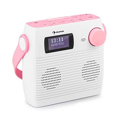 Auna Splash Duschradio, DAB Radio, BT DAB+/UKW IPX4, DAB+ Radio mit USB-Port Kopfhöreranschluss USB-C Akku, Digitalradio, weiß-rosa