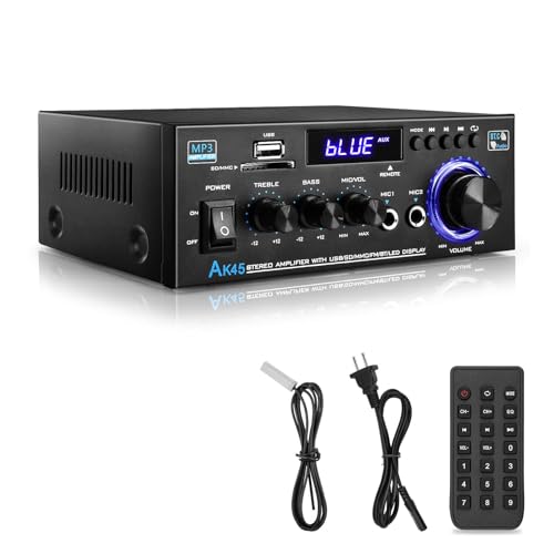 Hifi Verstärker - KKMOL Stereo Verstärker, AK45 Mini Bluetooth Radio Audio Verstärker Receiver, Wiimp Amp,12V/ 220V 400W 2 Kanäle Digitale Endverstärker Soundverstärker mit USB, SD Card, Fernbedienung