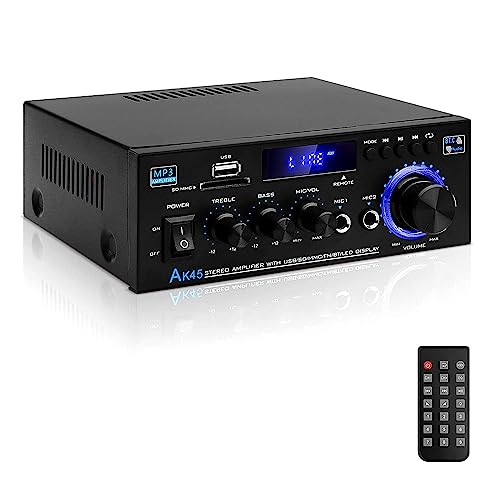 HiFi-Verstärker AK45 Mini Bluetooth Stereo-Audioverstärker Receiver 12V/ 220V 400W 2 Kanäle Digitale Endverstärker Soundverstärker w/UKW-Radio, SD/USB-Karteneingang, für Zuhause oder Auto