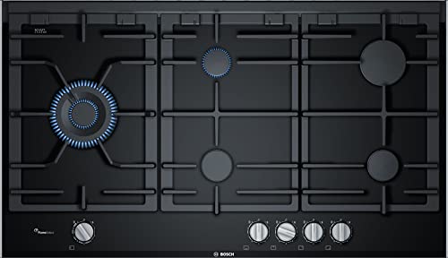 BOSCH PRS9A6B70D Gaskochfeld Serie 8, autarker Gasherd 90 cm breit, FlameSelect, Spülmaschinenfeste Topfträger, 1-Hand-Zündung, Alu gebürstet, Schwarz