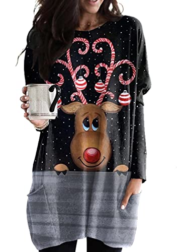 OMZIN Damen Chrismas Sweatshirts Langarm Weihnachten Rentier Xmas Print Casual Pullover Weihnachten Sweatshirt Pullover Schwarzer Elch 3XL