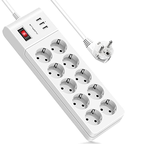 Steckdosenleiste mit USB,AUOPLUS Mehrfachsteckdose mit 10 Fach und 3 USB,Steckerleiste mit Schalter und Überspannungsschutz(4000W/16A),Verteilersteckdose mit kindersicherung für Zuhause,Büro,2M Kabel