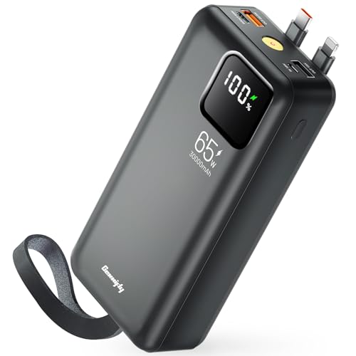 Genmifly 27000mAh 65W PD Fast Input/Output Powerbank, Integrierte USB-C und Lighting, Mehrere Spannungsausgänge, Mit Digitaler LED-Anzeige und Rotem Licht für iPhone, Samsung und Laptops-Schwarz