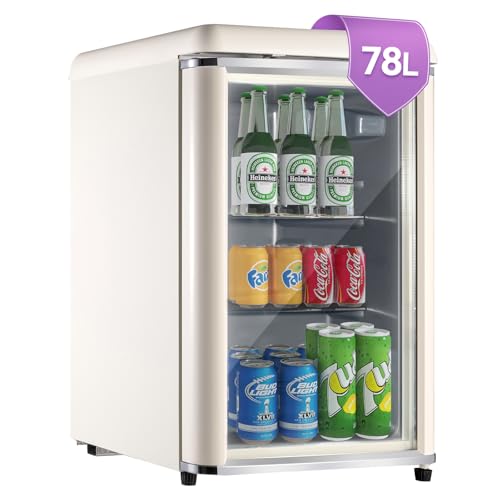 DRIXNO Retro Kühlschrank Getränkekühlschrank 78L mit Chromleiste, Klein Kühlschrank mit Glastür Eingebautes LED-Licht, Verstellbare Einlegeböden, 43dB leiser Betrieb, Geeignet für Haus, Büro, Beige