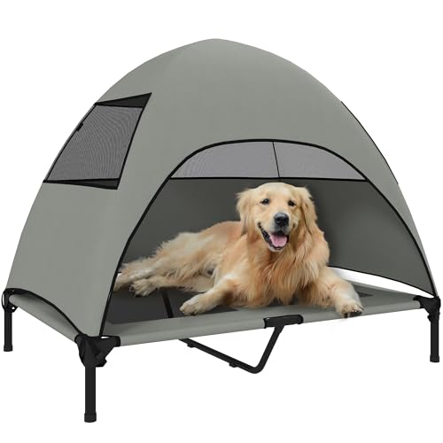 PawHut Hundeliege Outdoor mit Dach, Erhöhtes Hundebett für Große Hunde, Kühlendes Haustierliege mit Waschbares Mesh Metallrahmen Tragtasche, Haustierbett für Draußen Camping 106x76x99cm, Hellgrau