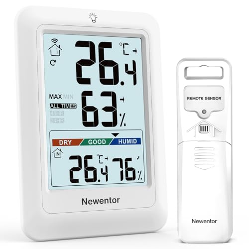 Newentor MAX MIN Thermometer innen außen 24/48 Std./alle Zeiten - Hygrometer Luftfeuchtigkeitsmesser mit Luftkomfort - Wetterstation Funk mit Außensensor - Raumthermometer innen mit Beleuchtung, Weiß