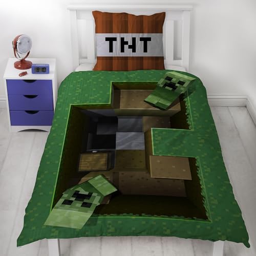 Minecraft Bettwäsche 135x200 Set mit Kissenbezug 80x80 cm für Jungen · Weiche und atmungsaktive Kinderbettwäsche aus 100% Baumwolle · Trocknergeeignet · Grünes 3D Motiv mit Creeper Blöcken