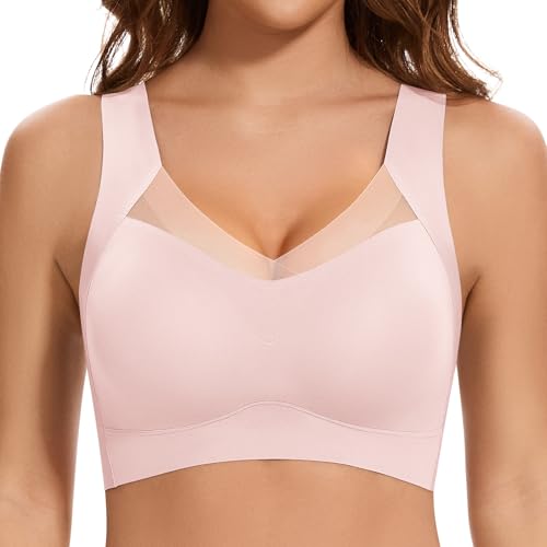 Jiuday Nahtloser BH ohne Bügel Große Brüste Starker Halt Spitze Sport BH Bustier Damen Gepolstert Soft Comfit Bügelloser Push Up BHS Haltungskorrektur Bra Seamless Bralette (Rosa,2XL)