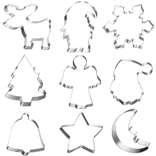 Ausstechformen Weihnachten Set-9 Stück-Wichtel, Winkel, Schneeflocke, Rentier, Weihnachtsbaum, Weihnachtsmanngesicht, Mond, Stern, Glocke, Lustig Plätzchenausstecher Keksausstecher Weihnachten
