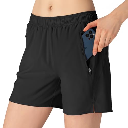 donhobo Damen Sport Shorts Kurze Hose Schnell Trocknend Sporthose Leicht Laufshorts mit Reißverschlusstasche (Schwarz, L)