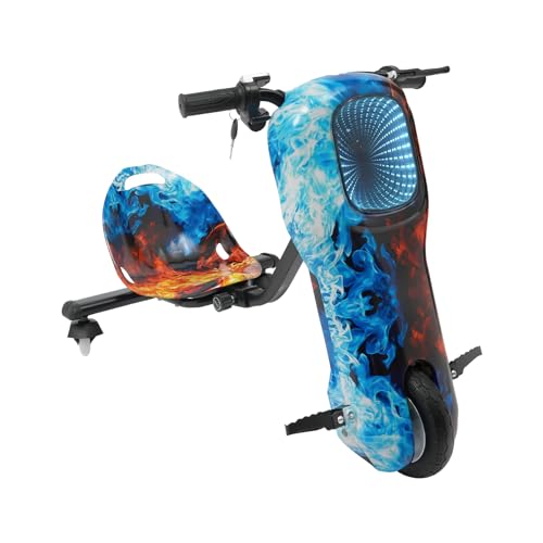 Drift Scooter, Kinder Elektro Scooter 250W, Drift Cart 3 Geschwindigkeitsstufen (10-20km/h), Drift Kart mit LED, Max Tragfähigkeit 100 kg, Drift Trike für 5 Jahre und älter (Flammenmuster)