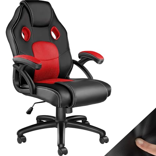 tectake® Racing Bürostuhl, Gaming Stuhl mit Wippfunktion, Chefsessel, Drehstuhl mit Rollen, höhenverstellbarer Schreibtischstuhl, Bürostuhl ergonomisch, PC Stuhl - schwarz/rot