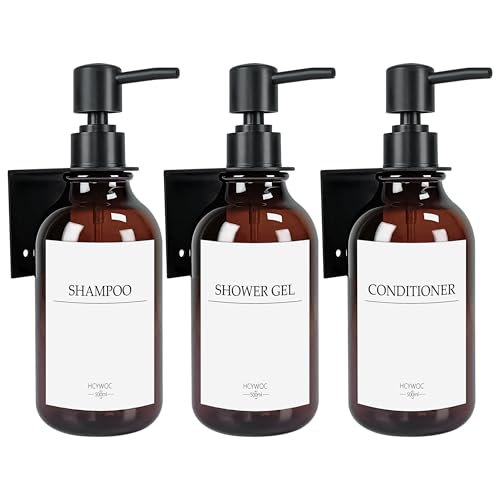 Seifenspender Wandbefestigung, Shampoo Flaschen Zum Befüllen Mit 16 Wasserdichten Etiketten, Spülmittelspender Ohne Bohren, Badezimmer Seifenspender Set, 500ml, 3 Stück, Bernsteinfarben