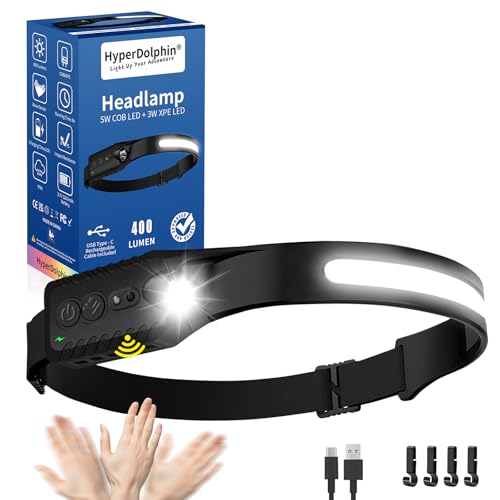 Stirnlampe LED Wiederaufladbar, Kopflampe mit Breitstrahl Stirnleuchte Aufladbar, stirnlampen, adventure light, 230 grad, usb c, 400 Lumen, 5 Modi, Bewegungssensor, Wasserdicht, Angeln Joggen