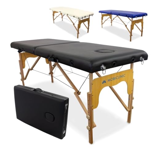 Mobiclinic®, Massageliege, Klappbar, CM-01 Basic, 180x60 cm, Holz und Kunstleder, 2 Teile, Europäische Marke, Mobile Massageliege, Höhenverstellbar, Verschlusssystem, Trägt 250 kg, Farbe Creme