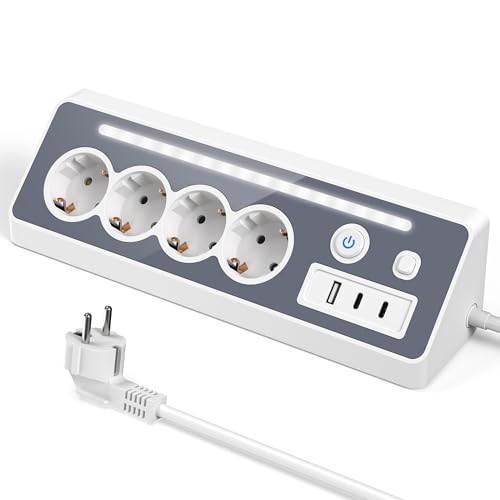 Desktop Steckdosenleiste, 4 Fach Mehrfachsteckdose mit USB und 2 Type-C,16A 3680W Ecksteckdose mit 2 Schalter, Steckdosenadapter Überspannungsschutz mit LED, Mehrfachstecker für Küche,Büro