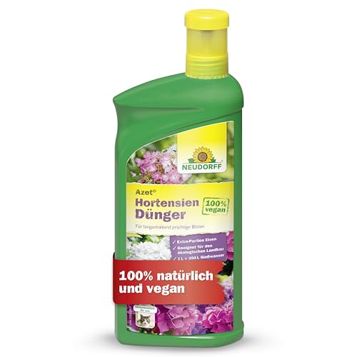 Neudorff Azet HortensienDünger - 100% natürlicher Bio Dünger mit hohem Kaliumgehalt und Extra Eisen für prächtig blühende Hortensien im Beet und Kübel, 1 Liter