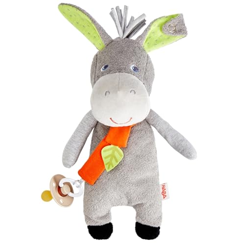 HABA Schnullertier Esel Elwood – Schnuller & Co. sicher befestigen mit abnehmbarem Schnullerband – Kuschelweiches Baby-Geschenk zur Geburt – 2011911001