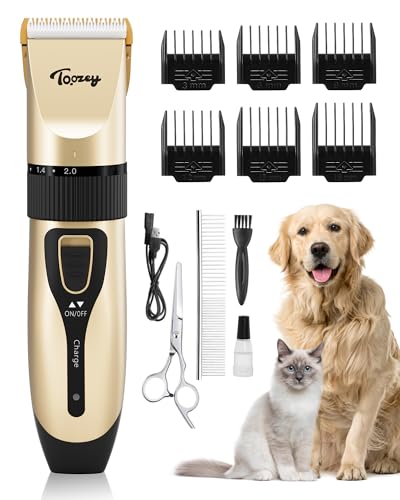 Toozey Leise Hundeschermaschine, Schermaschine Hund Katze, Elektrische Tierhaarschneidemaschine, Profi Hundehaarschneidemaschine Wiederaufladbarer Kabellos, Hunderasierer Lange Haare, Gold