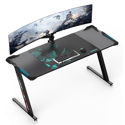 Eureka Ergonomic Gaming Tisch 153 × 60 cm Groß Gaming Schreib Tisch mit LED Beleuchtung Gamer PC Tisch Desktop auf Kohlefaser Gaming Computertisch