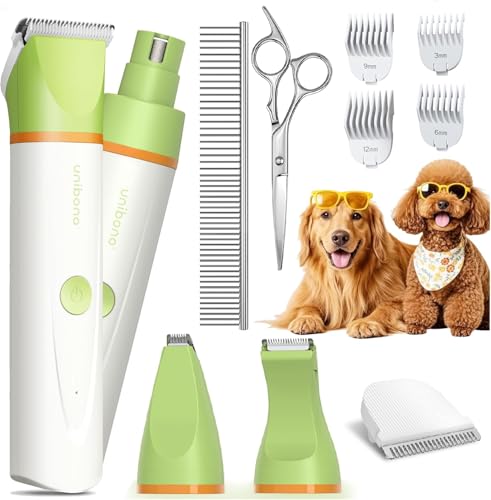 Unibono Leise Hundeschermaschine Katzenrasierer Komplett-Set, Wiederaufladbar Hund Katze Schermaschine wit 4 Multifunktions-Schneidköpfen für Pfoten, Augen, Ohren, Gesicht, Körper, IPX7 Wasserdicht