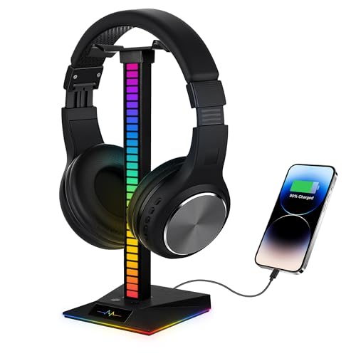 worahroe Headset Halterung Gaming RGB Kopfhörer Ständer, Sprachgesteuerter Pickup Kopfhörerständer, mit 1 USB 2.0 Anschlüssen, 1 Typ-C und 3.5mm AUX Kopfhörer Halter für Gamer PC Schreibtisch Zubehör