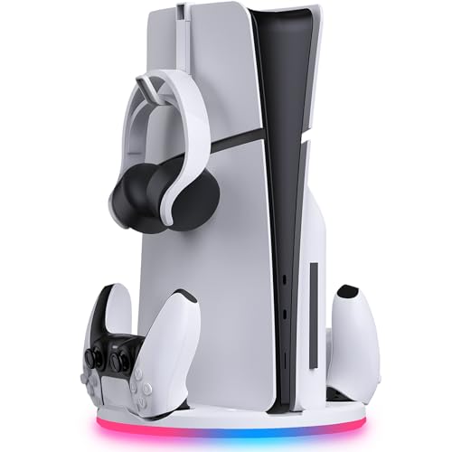 Ständer mit Dual Controller Ladegerät für PS5 Slim – Playstation 5 Standfuß mit Twin Controller Ladestation und Headset Halterung – RGB Beleuchtung – Schnelladung - Für Dualsense und Dualsense Edge