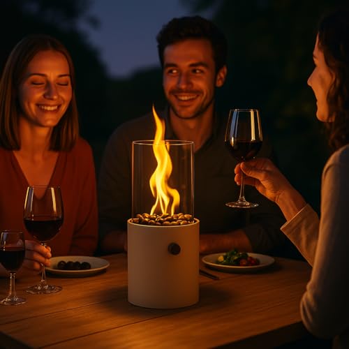 TOM Innovation XXL Gas Tischkamin - 12 Stunden Brenndauer für Indoor & Outdoor – Tisch Kamin Set– Tischfeuer mit Deko-Steinen – Plus 3X 190 g Stechgaskartusche