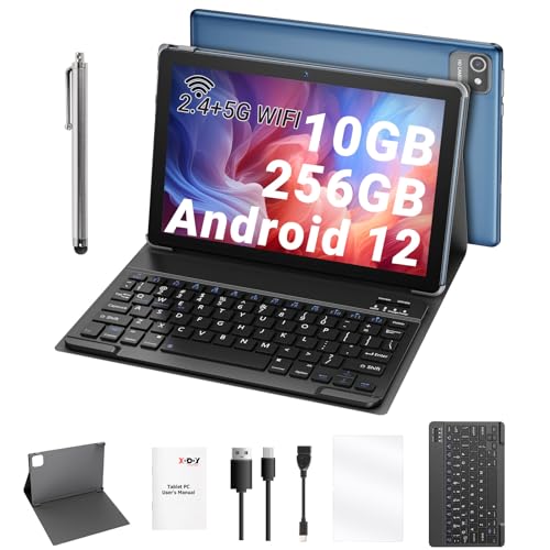 XGODY Tablet 10 Zoll Android 12 Tablet mit Tastatur 2,4G/5G WLAN 4-Core 2,0 GHz | 10 GB RAM + 256 GB ROM (TF 1 TB) | FHD | 5+8 MP Kamera | 7000 mAh | Bluetooth 5.0, Tablet PC – Blau