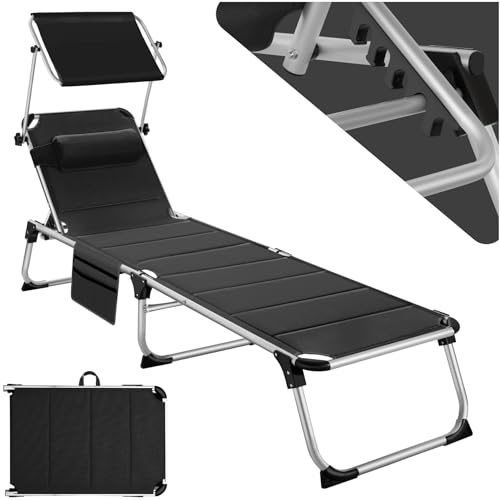 tectake® Sonnenliege mit Dach, Liege klappbar mit Kopfkissen + Seitentasche, zusammenklappbar, leicht tragbar, Strandliege, Liegestuhl klappbar für Garten, Sonnenliege Camping - schwarz