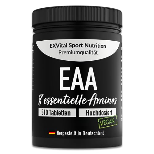 EXVital EAA Tabletten mit je 1036 mg pro Tablette - 510 Tabletten, Alle 8 essentiellen Aminosäuren EAAs- Multi Amino hochdosiert - Vegan -in Deutschland abgefüllt - Ohne Zusatzstoffe