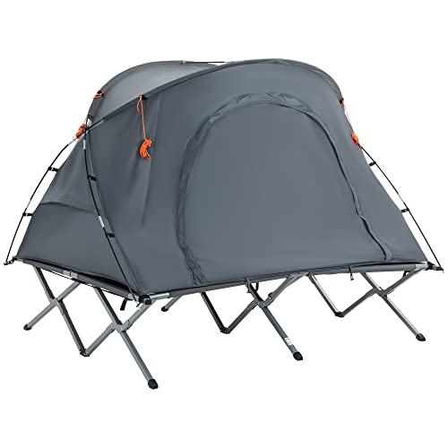 Outsunny Campingbett mit Zelt erhöhtes Feldbett für 2 Person Kuppelzelt mit Luftmatratze inkl. Tragetasche Grau 200 x 146 x 159 cm