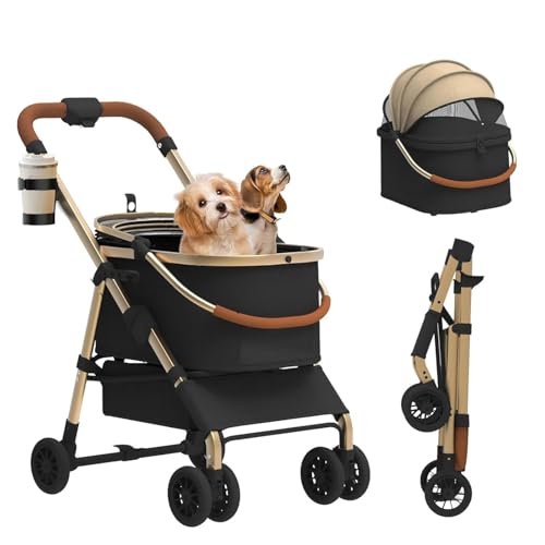 Hundesportwagen für mittelgroße Hunde, Hundebuggy für kleine Hunde & Katz bis 15kg, Hundebox Transporttaschen, 3 in 1 Hundebuggy, abnehmbare faltbar Haustiertasche, Aufbewahrungskorb